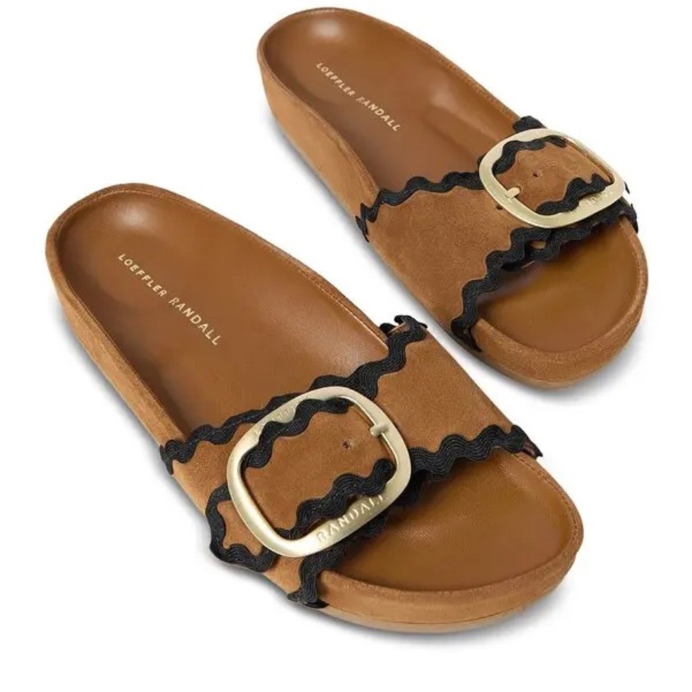 Loeffler Randall Tan Suede Slide Sandals with Black Trim and Gold Buckle